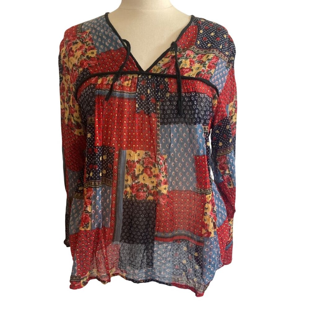 VTG Patchwork Floral Sheer Top Blouse Medium Red Blue Long Sleeve Boho Festival